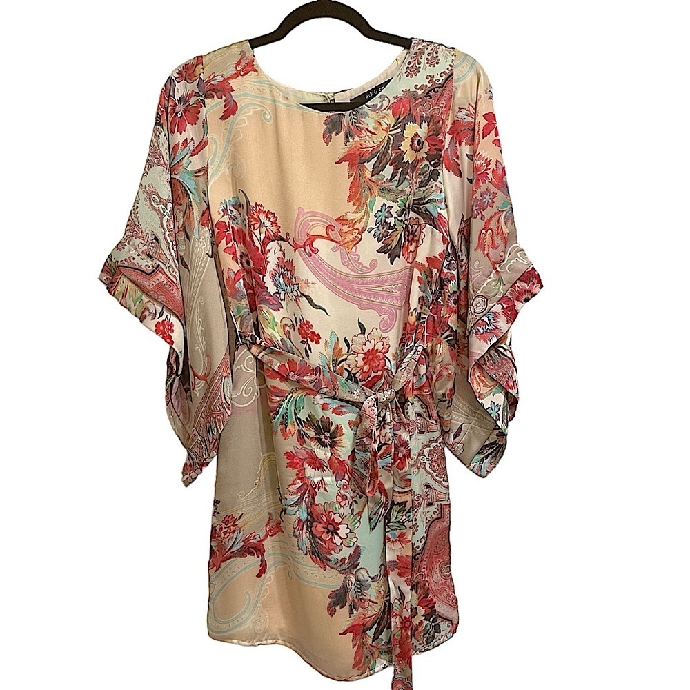 Ark & Co Silky Print Mini Kimono Dress with Self Belt Open Back Size Small